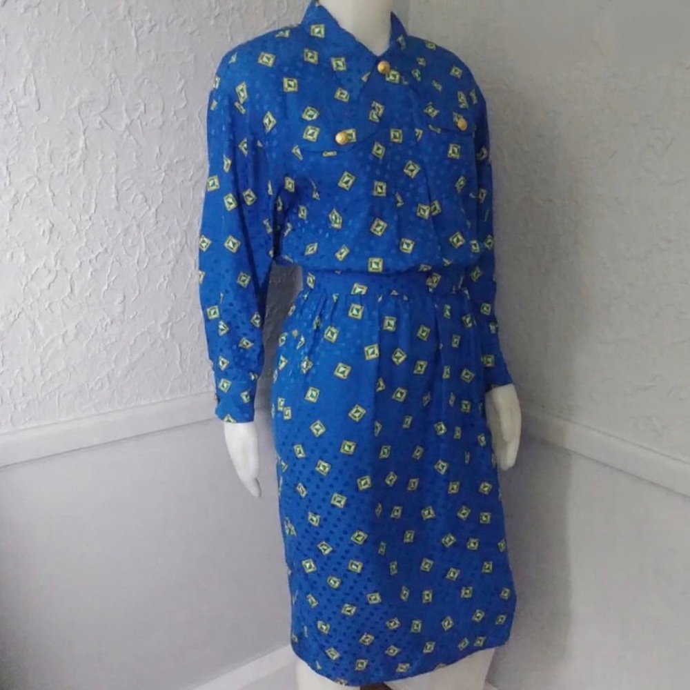 Vintage Maggy London By Jeannene Booher Blue Geometric Silk Dress Women’s Size 6